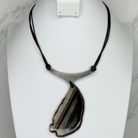 Chico's Striped Slab Pendant on Black Cord and Silver Tone Necklace ✨ - Picture 1 of 10